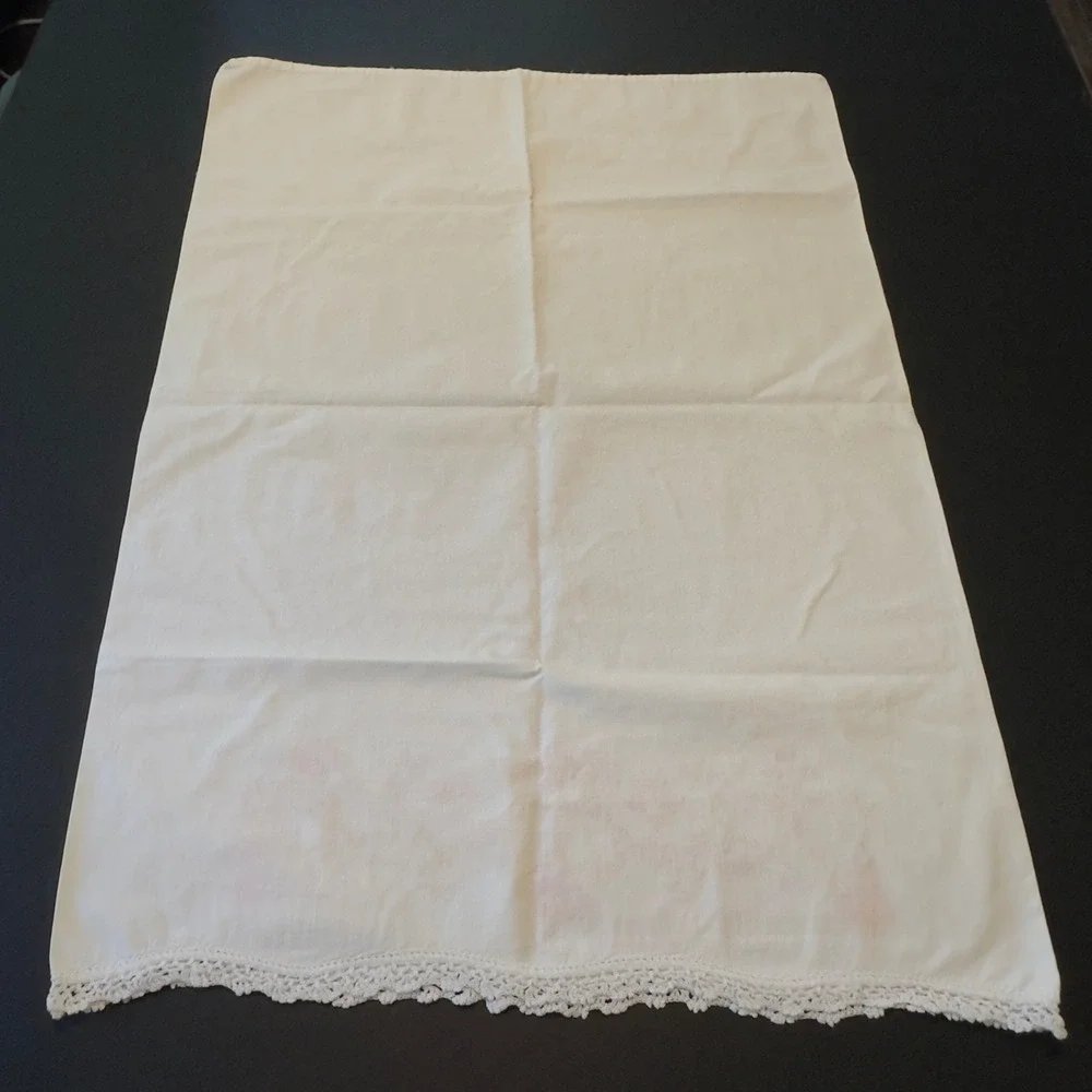 Vintage Pillowcase White Handmade Orange Embroidered Cross Stitch Lace Cottage